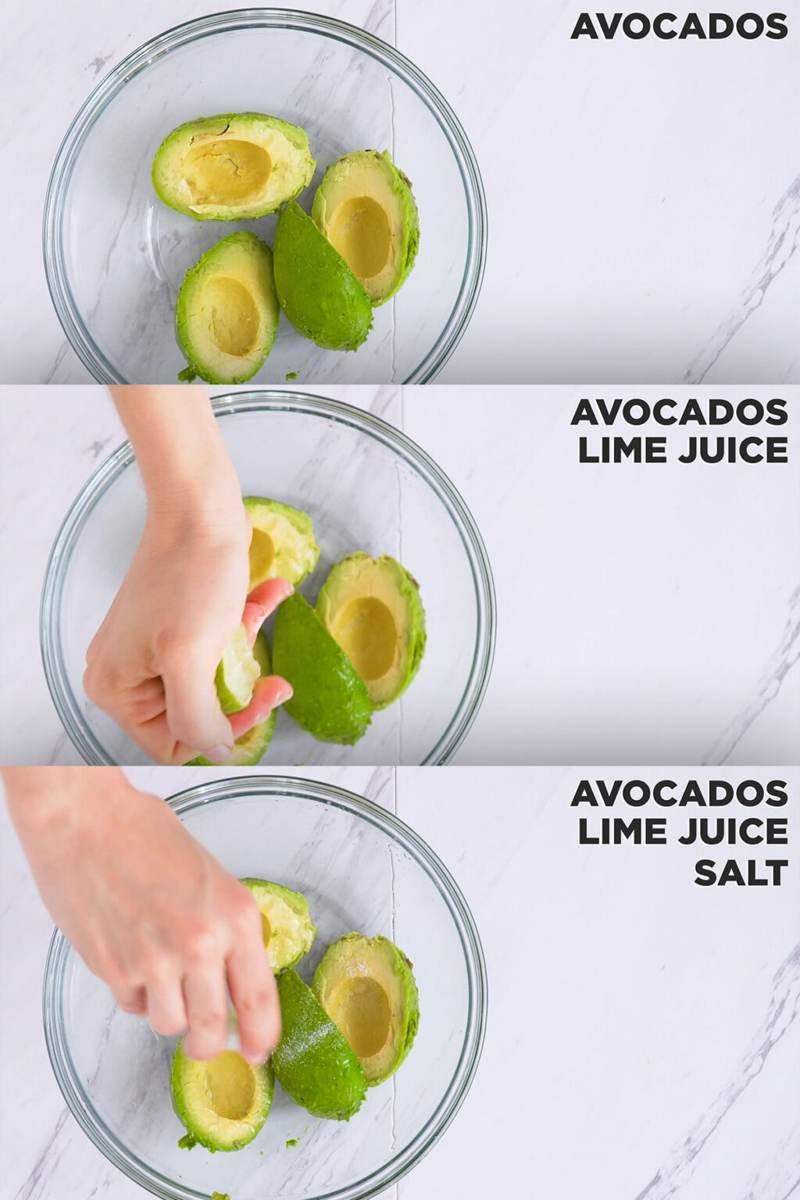 Making a recipe for easy guacamole by adding avocado, lime juice, and salt to a bowl.