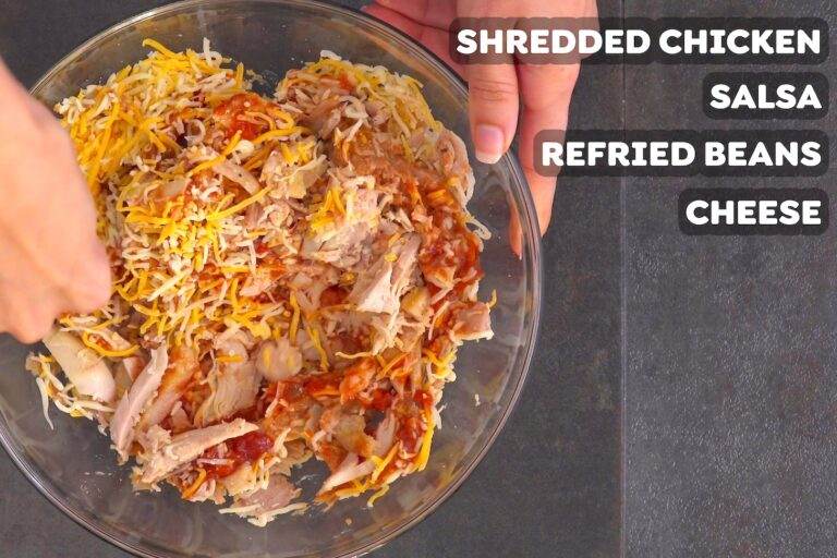 Mix together shredded chicken, salsa, beans, and cheese to make the taquito filling.