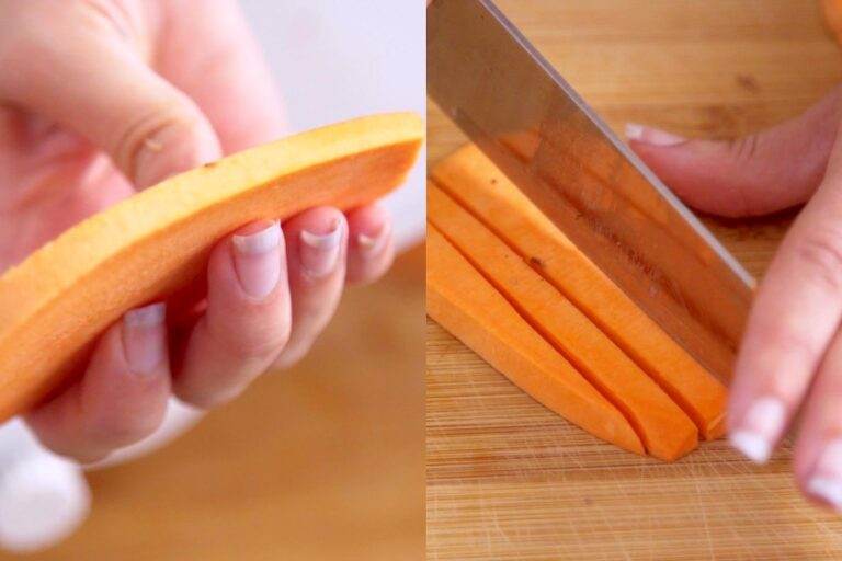 Cut sweet potatoes into sticks for fries.