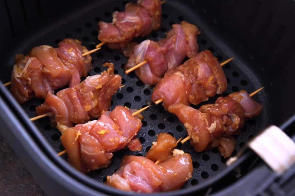Do not stack chicken skewers in the air fryer. Leave room between & cook in a single layer
