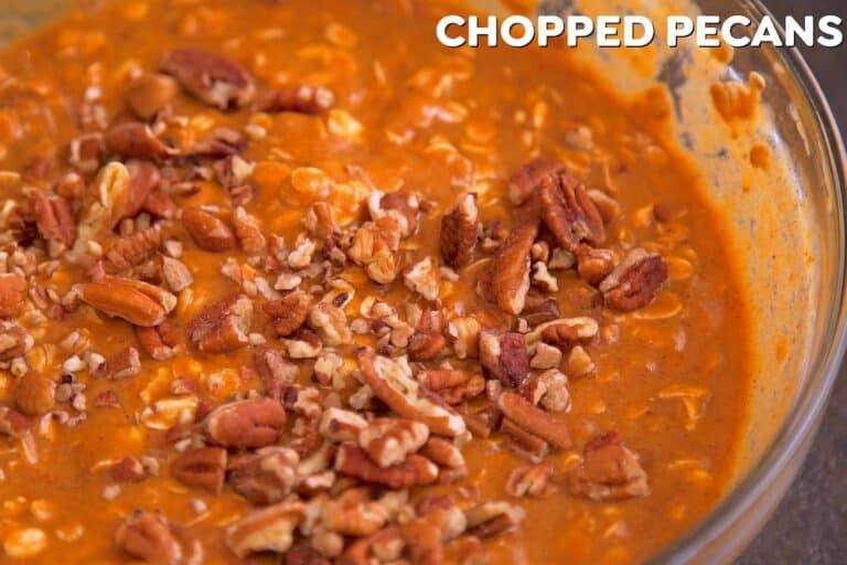 Stir dry oat mixture into the wet mixture, until integrated. Then fold in chopped pecans.
