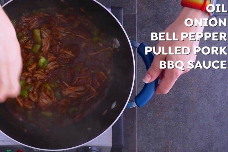 Saute veggies, then combine with pulled pork and BBQ sauce and bring to a boil.