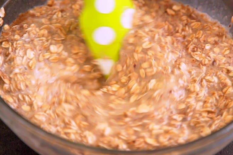 Stir dry oat mixture into wet mixture, until integrated.