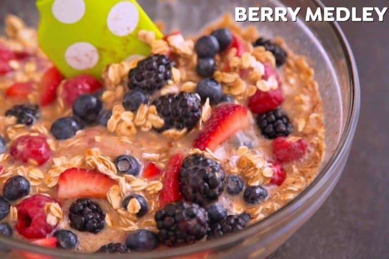 Fold berry medley into oatmeal mixture, or whichever berries or fruits you prefer.