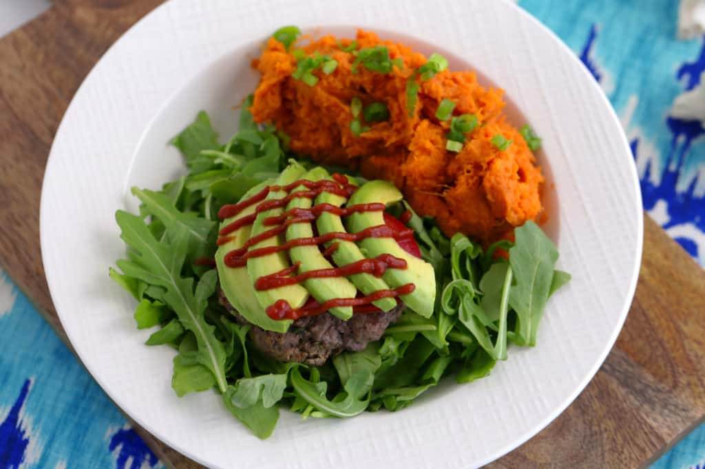 Bunless bison burger, ground bison recipes, gluten free burgers, paleo meal prep, what is bison, bison meat, how to pan fry burgers, paleo bison burgers, bison vs beef, paleo lunch ideas, how to make sweet potato mash