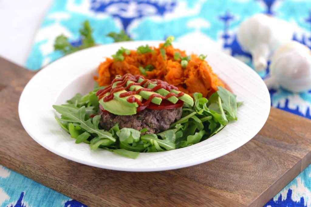 Paleo bison burger recipe, ground bison recipes, bison vs buffalo, bunless burger recipe, how to cook bison burgers, bison vs beef, gluten free burgers, paleo burger, mashed sweet potatoes paleo, paleo recipes