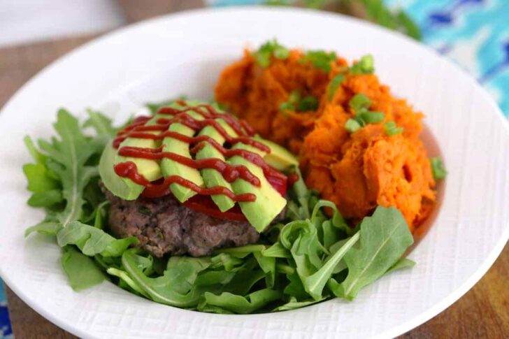 Paleo bison burger recipe, gluten free burgers, paleo meal prep, bunless burger recipe, ground bison recipes, paleo lunch ideas, bison meat, how to cook ground bison, paleo hamburger recipes, mashed sweet potatoes paleo, paleo meals
