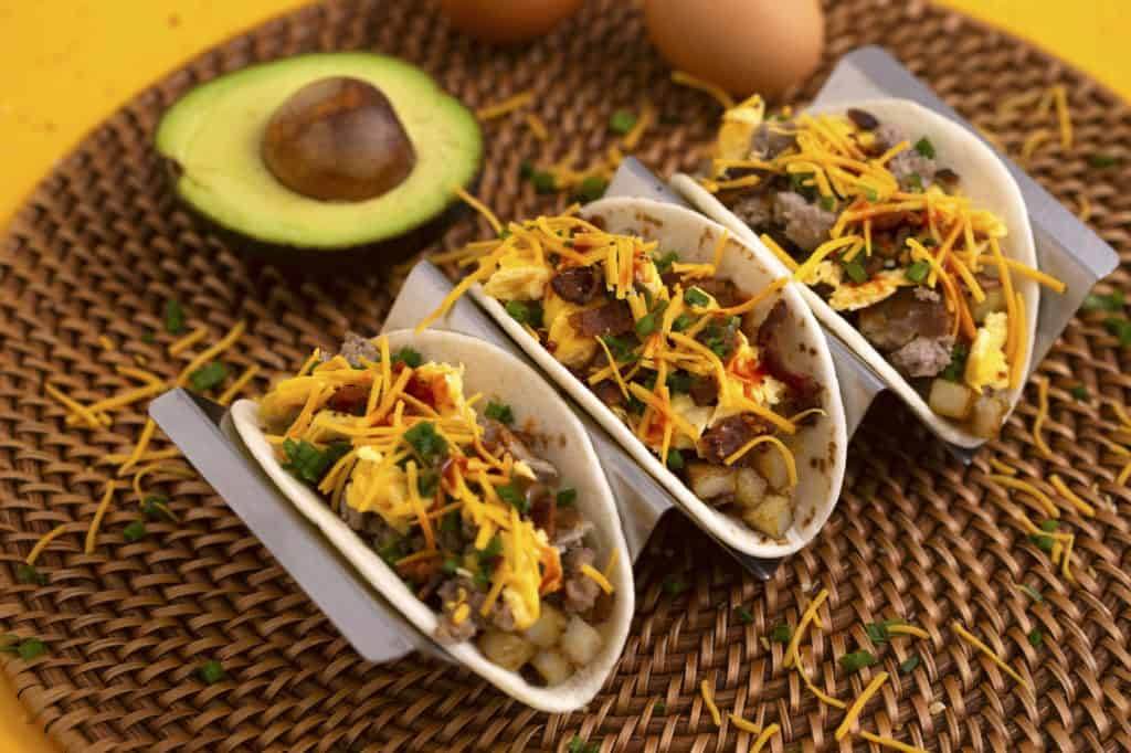 Easy Breakfast Tacos with eggs and sausage and bacon