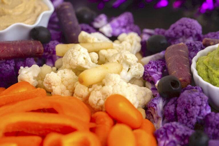 White cauliflower & carrots on candy corn veggie tray