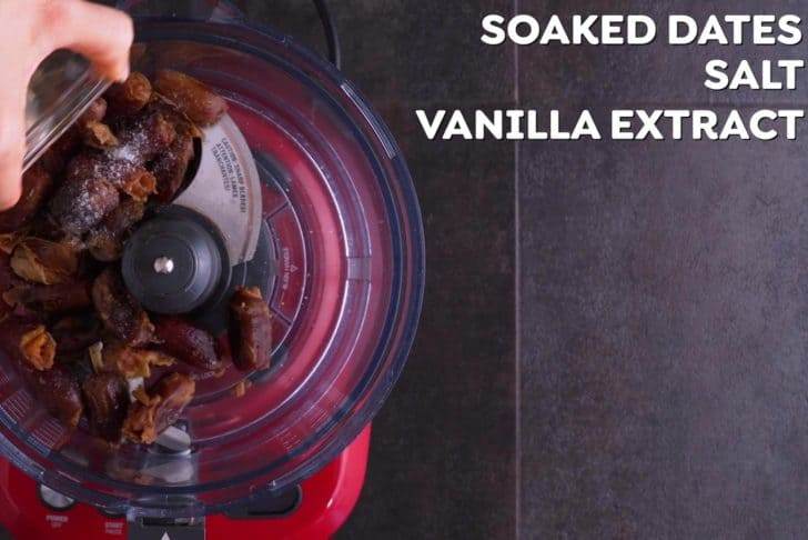 Blend soaked dates with salt, vanilla extract and milk to create date caramel sauce.