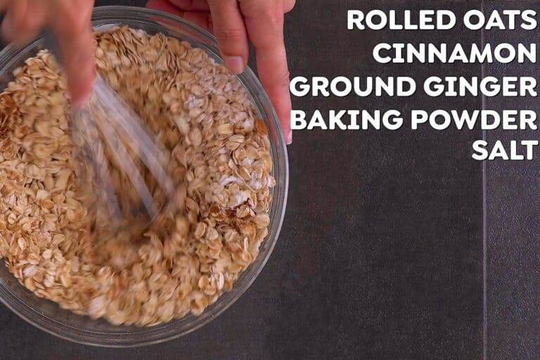 In a bowl, whisk together rolled oats and dry ingredients.