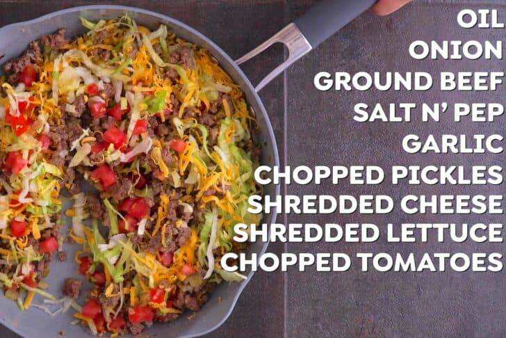 Cook ground beef and prepare cheeseburger egg roll filling mixture.