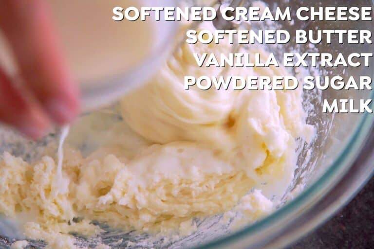 To make glaze, beat together softened cream cheese, butter and vanilla until integrated. Then beat in powdered sugar.