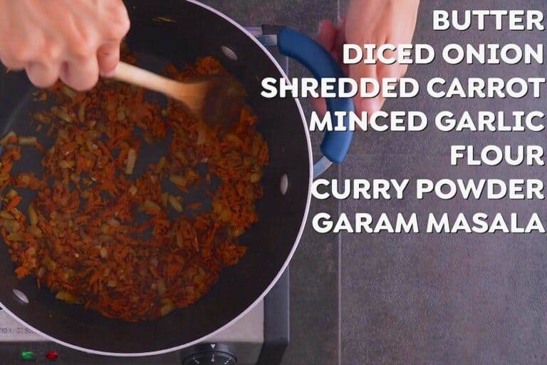 Start by sauteing onion and carrots for 1-2 minutes, Then add garlic, flour, curry powder, and garam masala, continuing to cook for 1-2 minutes.