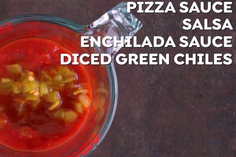 Make a copycat Taco Bell Mexican Pizza sauce by mixing together pizza sauce, salsa, enchilada sauce, and diced green chiles.