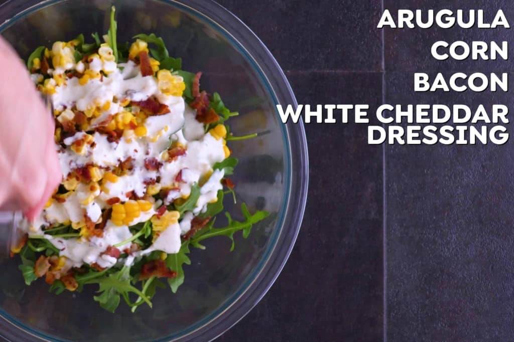 Arugula Corn Salad with Bacon & White Cheddar Dressing