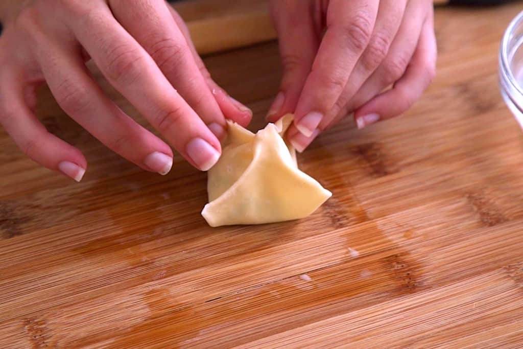 Moisten edges of wonton wrapper and press to seal.
