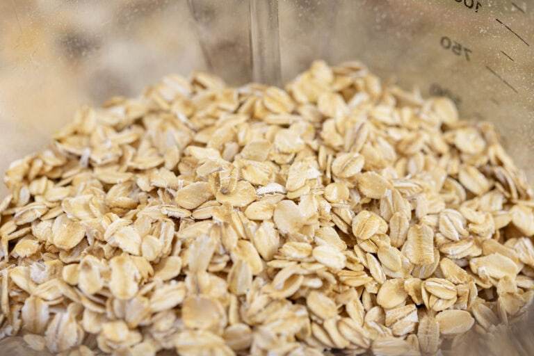 Rolled oats inside of a blender.