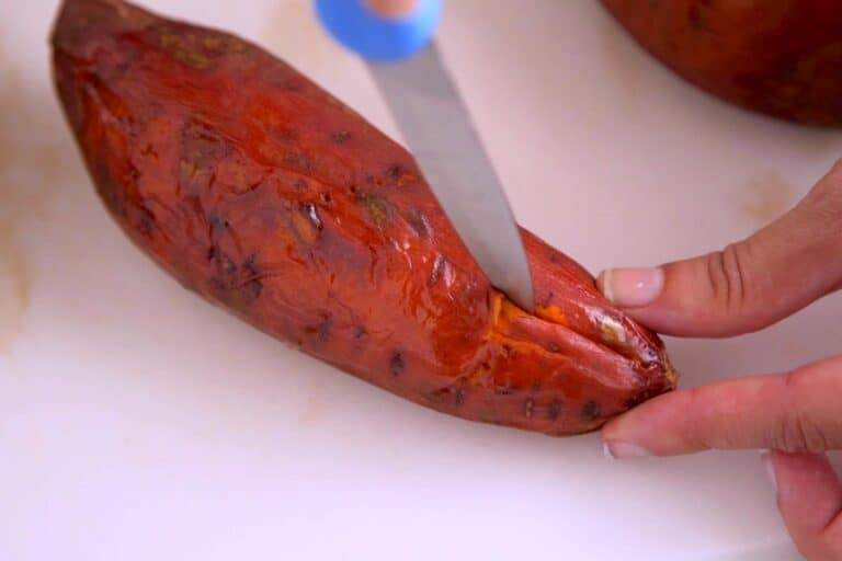 Roast sweet potatoes until tender and easily pierced with a knife or fork.