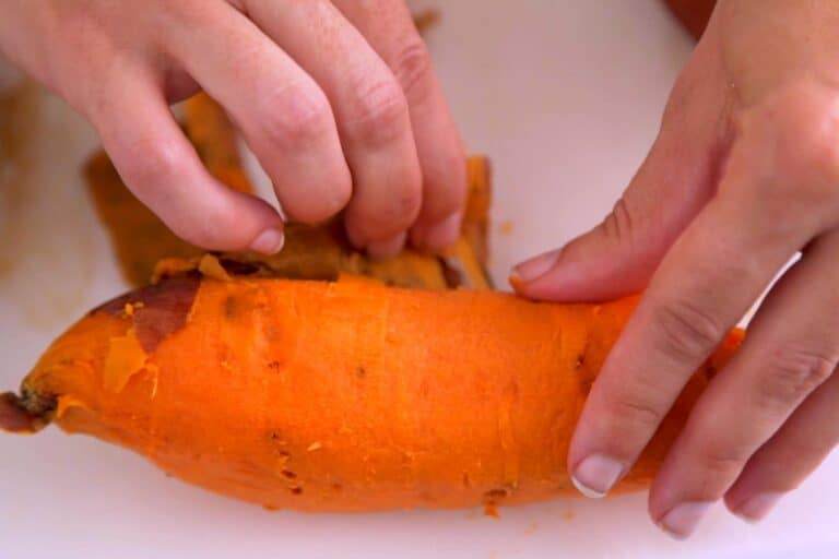 Remove from foil and allow roasted sweet potatoes to cool before blending, then peel the skins if desired.