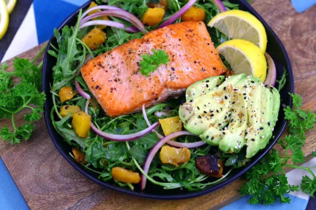 Crispy Pan Seared Salmon Salad