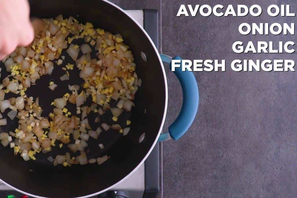 Saute onions, garlic, and ginger