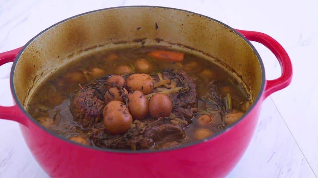 Dutch oven pot roast dinner in pot