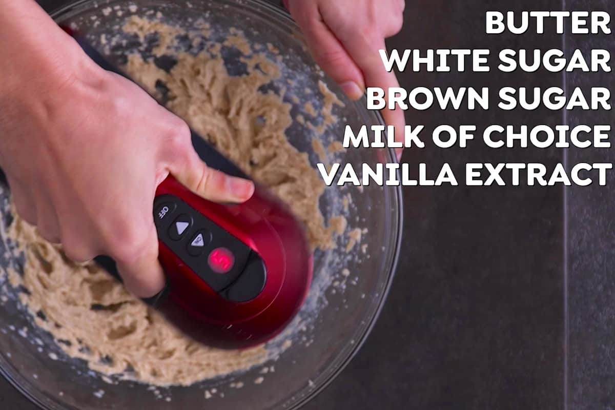 Cream together softened butter and sugars with a hand mixer until fluffy. Then beat in milk and vanilla.