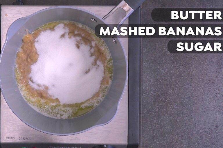 Heat butter, mashed bananas, and sugar over medium heat for 3-4 minutes.