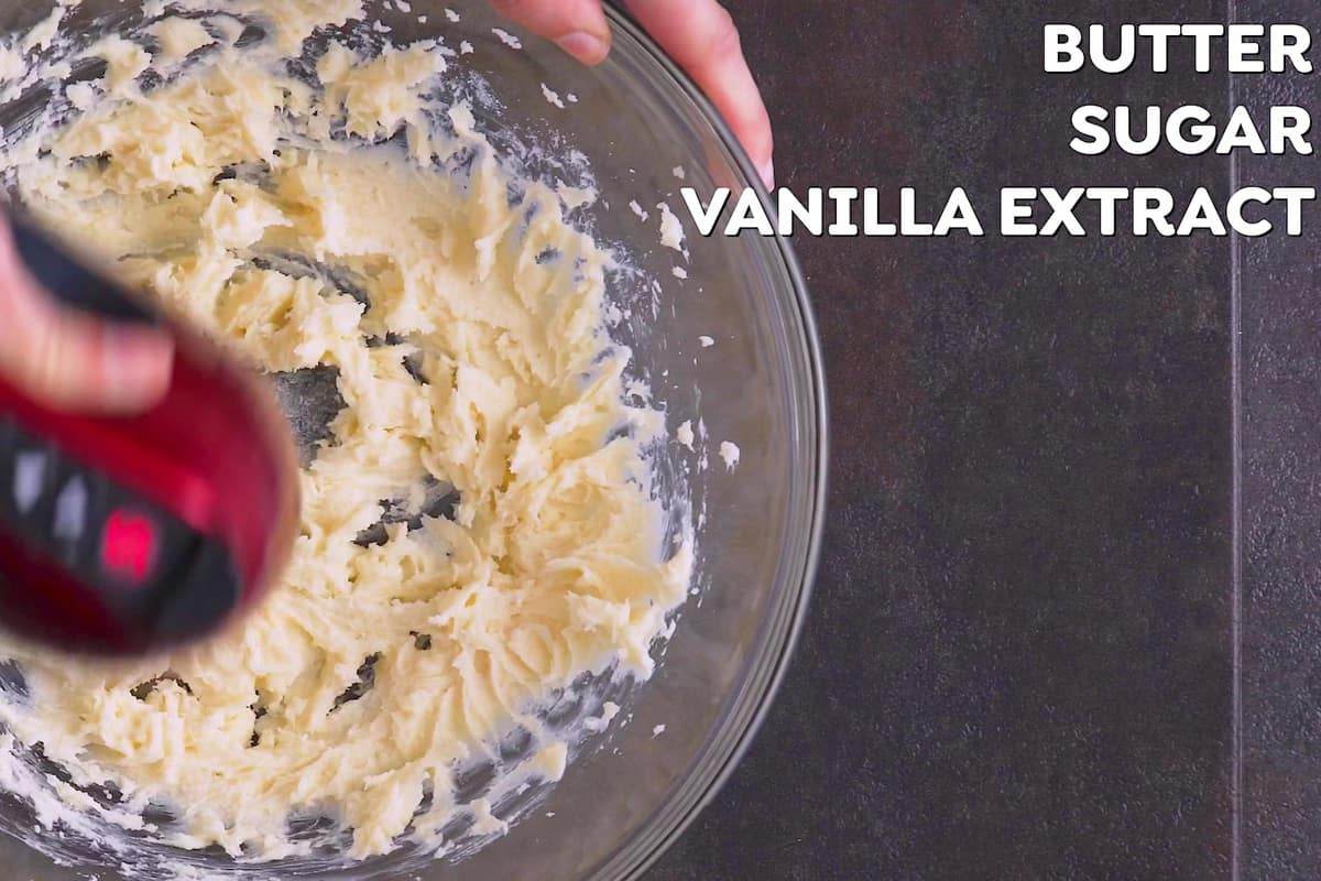Cream together softened butter, sugar, and vanilla with a hand mixer, until smooth.