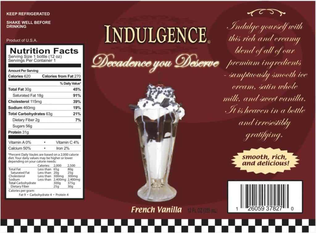 Food Psychology Study - Indulgent Shake Nutrition Label