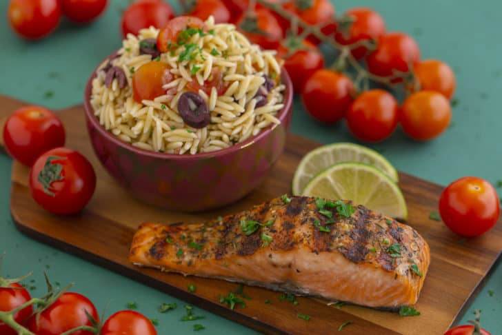 Greek Orzo Salad & Pan Grilled Salmon