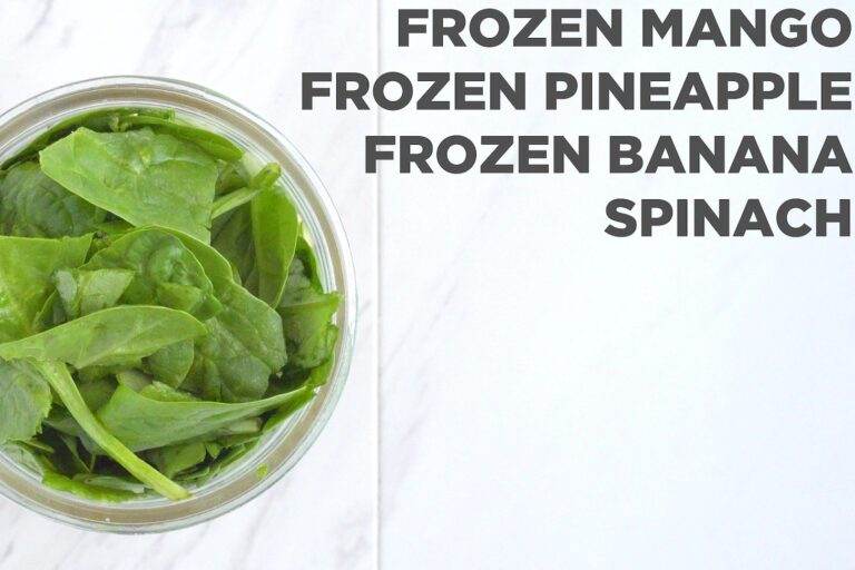 Add fresh spinach and frozen fruit into a freezer-safe mason jar, packing the jar as full as possible.