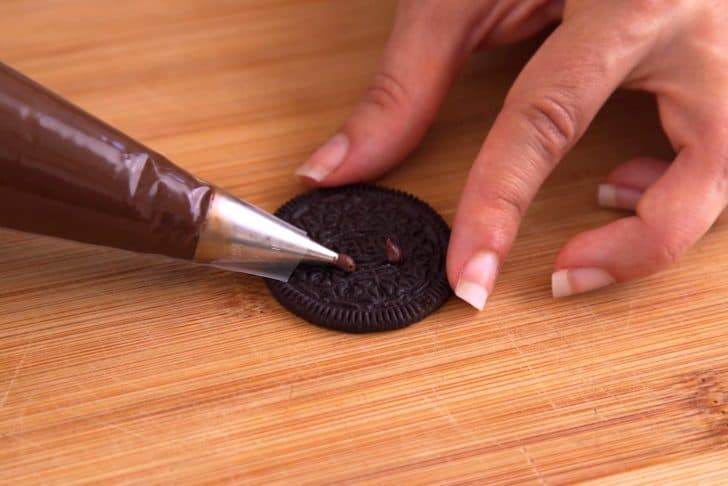 Onto a single Oreo cookie, use dots of icing as glue to stick on 2 candy eyes.