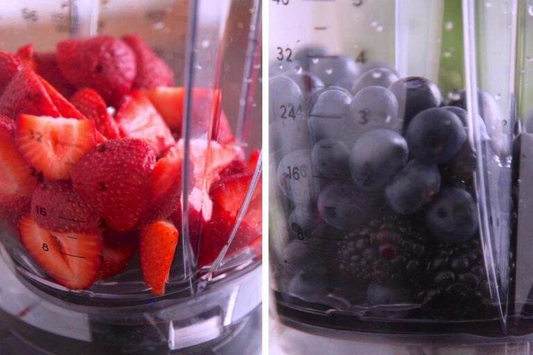 To make fruit juice, add ~2 cups of fresh fruit to a blender. (I used fresh strawberries in one batch, blueberries & blackberries in another.
