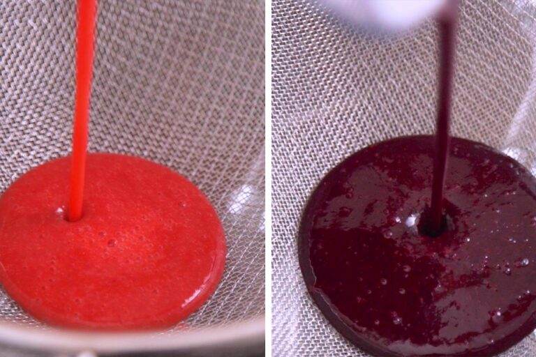 Pour the blended fruit juice mixture through a fine mesh sieve (or nut milk bag), to remove pulp and chunks.