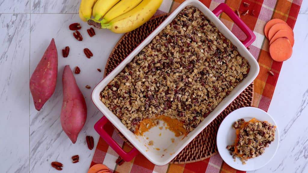 healthy sweet potato casserole recipe, thanksgiving sweet potato casserole, easy thanksgiving side dishes, baked sweet potato casserole healthy