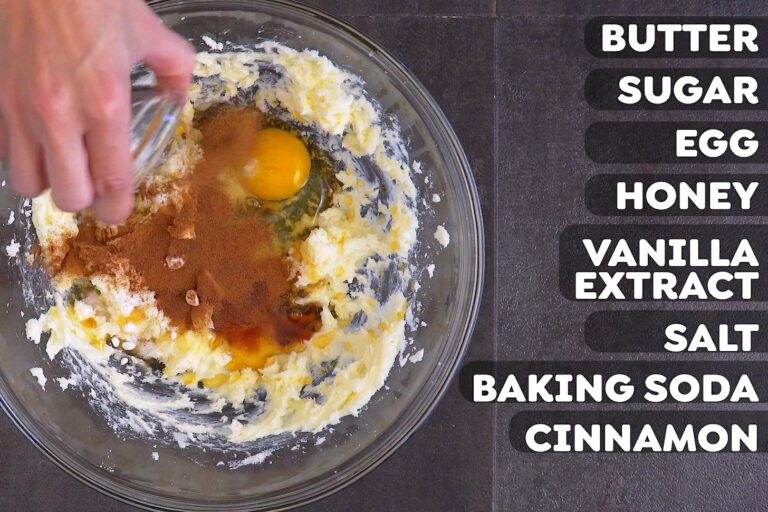 Cream together butter and sugar with a hand mixer. Then beat in egg, honey, vanilla, salt, baking soda, and cinnamon.