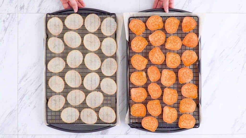 Arrange baked veggie chips on a wire baking rack for crispiest results