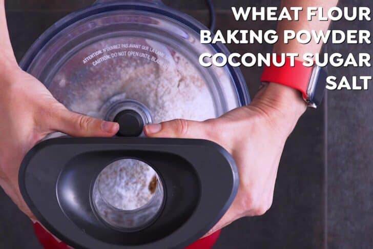 Pulse together wheat flour, baking powder, coconut sugar, and salt in a food processor.