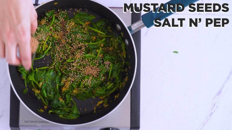 Adding mustard seeds and salt and pepper to the pan.