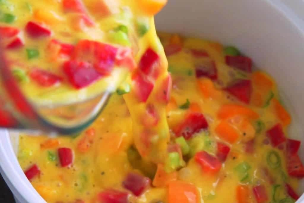 Pour egg & veggie mixture into heat proof casserole dish.
