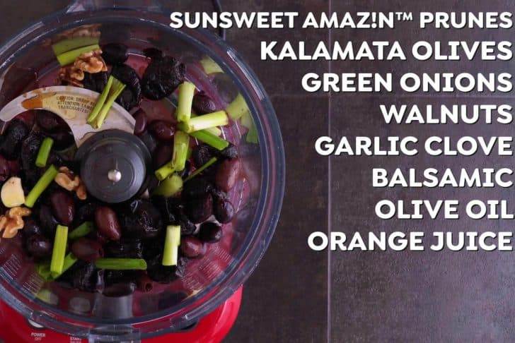 Add all tapenade ingredients into a food processor.