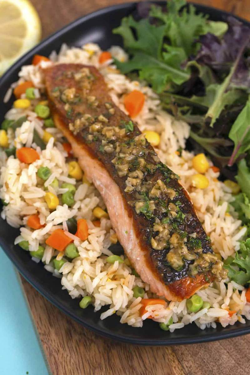 Garlic Lemon Butter Salmon with Rice Pilaf