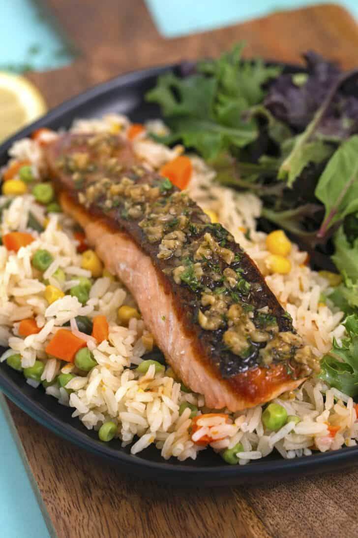 Lemon Butter Salmon with Rice Pilaf