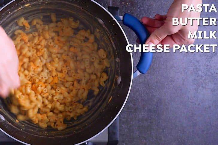 Cook pasta according to package directions, drain, and add back to the same pot. Stir butter, milk, and cheese packet into warm noodles to integrate.