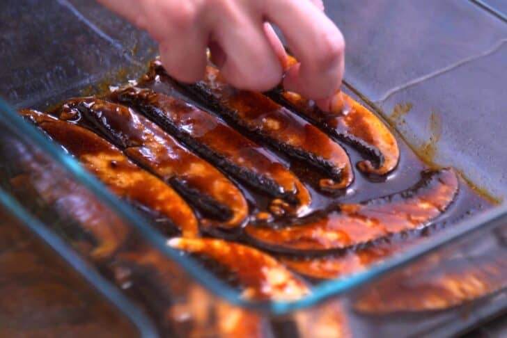 Pour marinade into a flat shallow dish and add mushroom strips, flipping to coat on both sides.