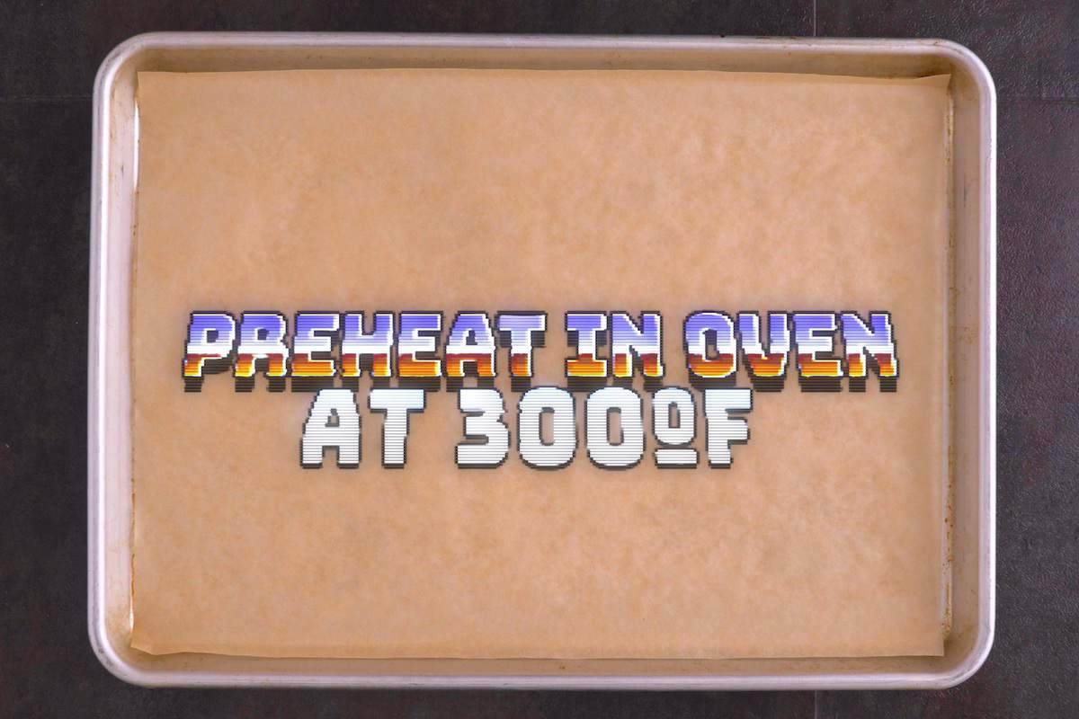 Preheat oven to 300°F (150°C). Line baking pans with parchment and place in the oven to preheat.