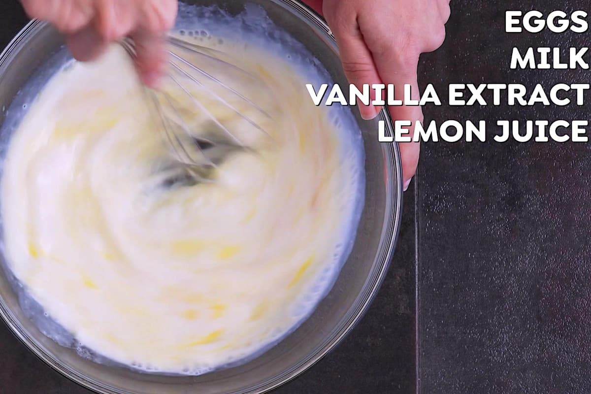 Separately, whisk together eggs, milk of choice, vanilla, and lemon juice.