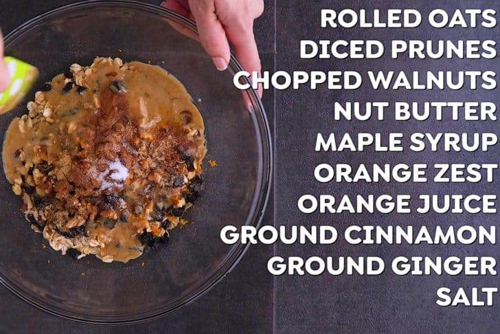 Add all no bake energy bites ingredients to a large bowl and mix to combine.